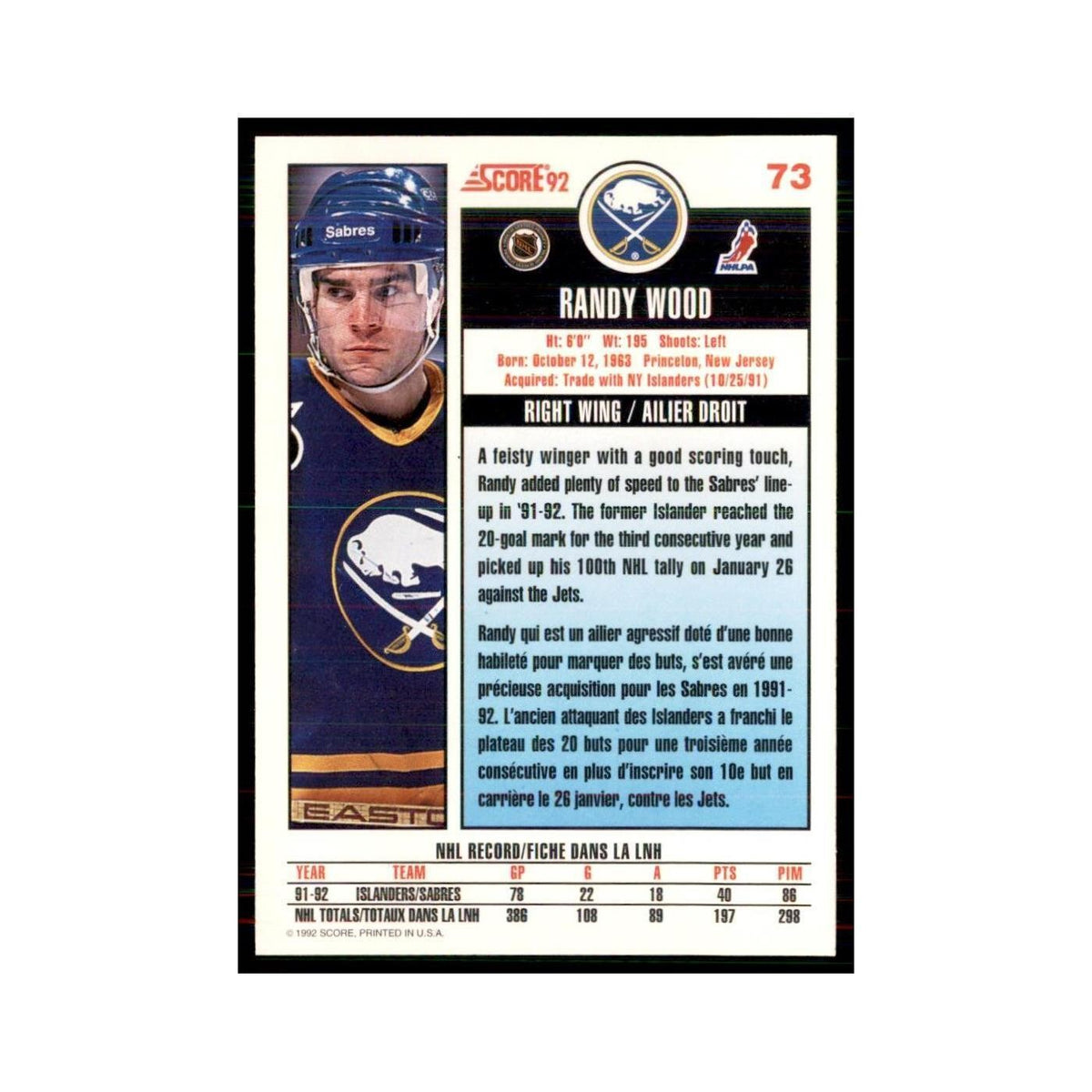 1992 Score Canadian Randy Wood Buffalo Sabres #73