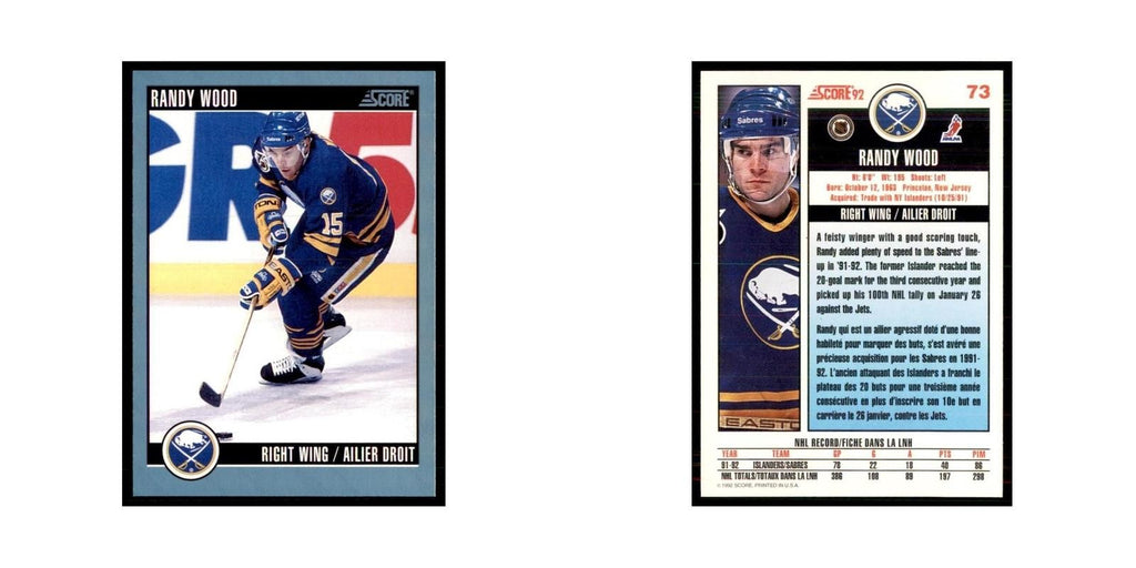 1992 Score Canadian Randy Wood Buffalo Sabres #73