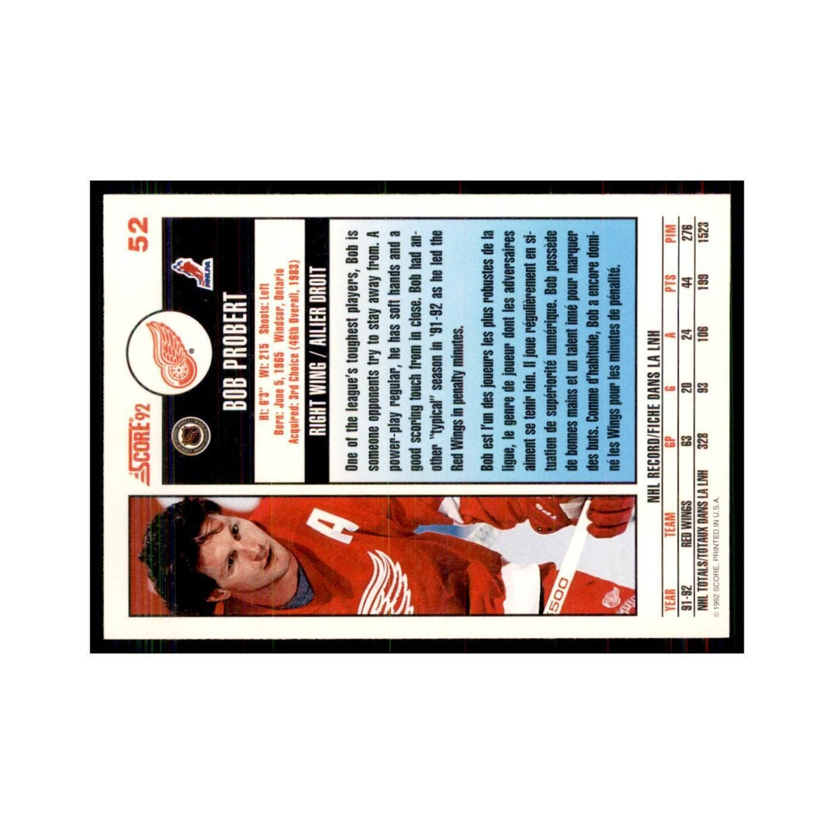 1992 Score Canadian Bob Probert Detroit Red Wings #52