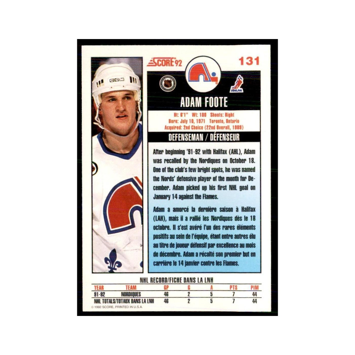 1992 Score Canadian Adam Foote Quebec Nordiques #131