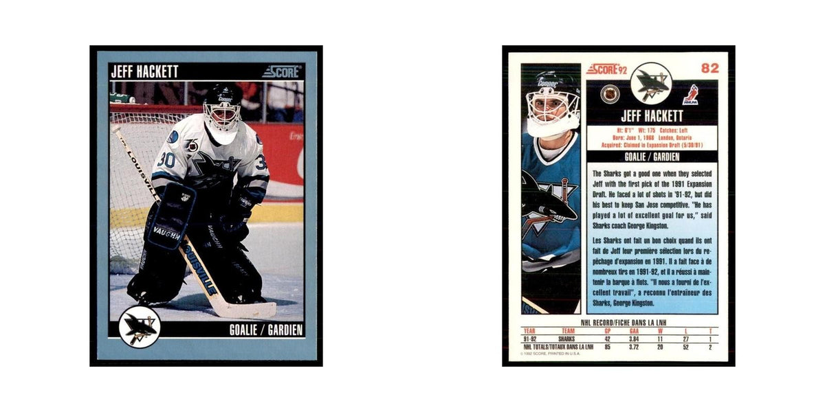 1992 Score Canadian Jeff Hackett San Jose Sharks #82