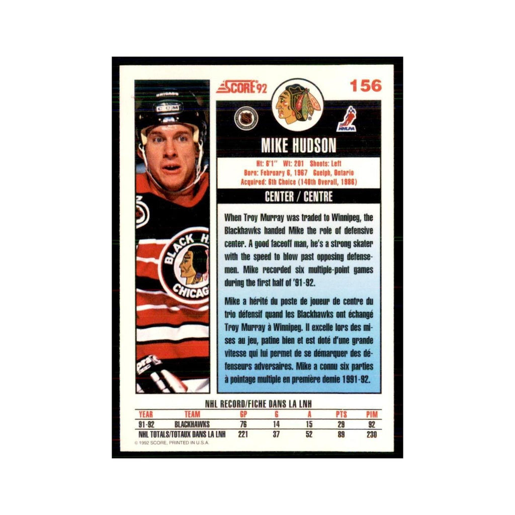 1992 Score Canadian Mike Hudson Chicago Blackhawks #156