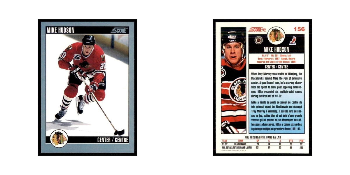 1992 Score Canadian Mike Hudson Chicago Blackhawks #156