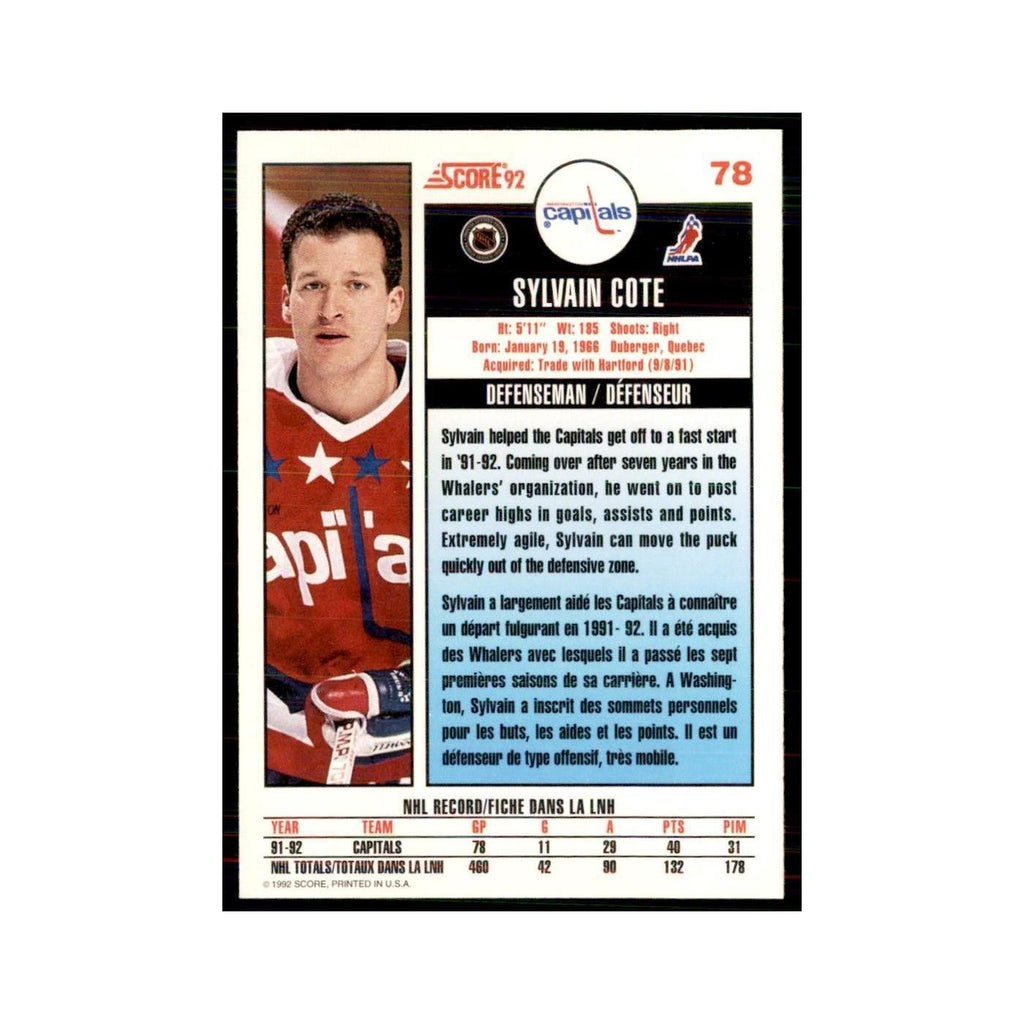 1992 Score Canadian Sylvain Cote Washington Capitals #78