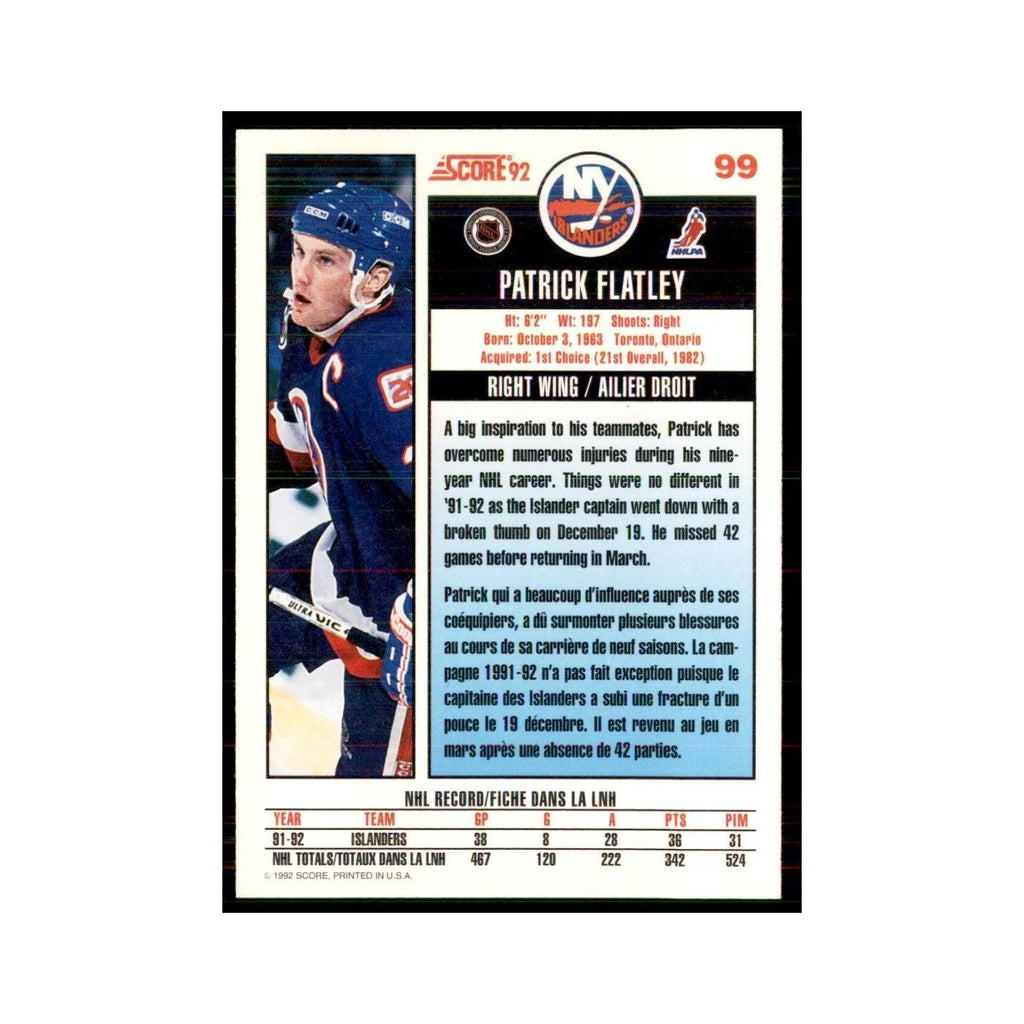 1992 Score Canadian Patrick Flatley New York Islanders #99