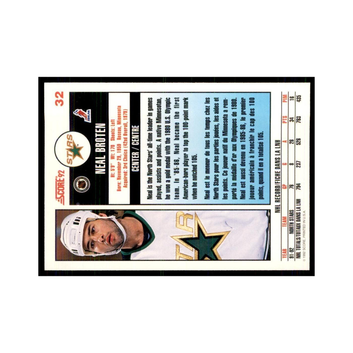 1992 Score Canadian Neal Broten Minnesota North Stars #32