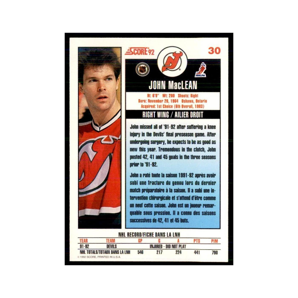 1992 Score Canadian John MacLean New Jersey Devils #30