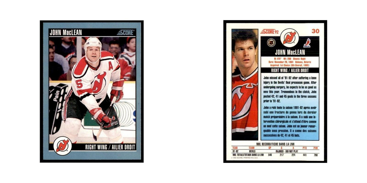 1992 Score Canadian John MacLean New Jersey Devils #30