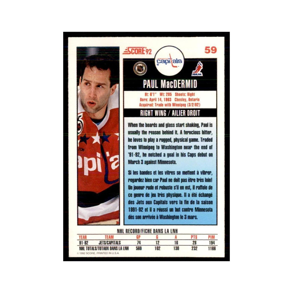 1992 Score Canadian Paul MacDermid Washington Capitals #59