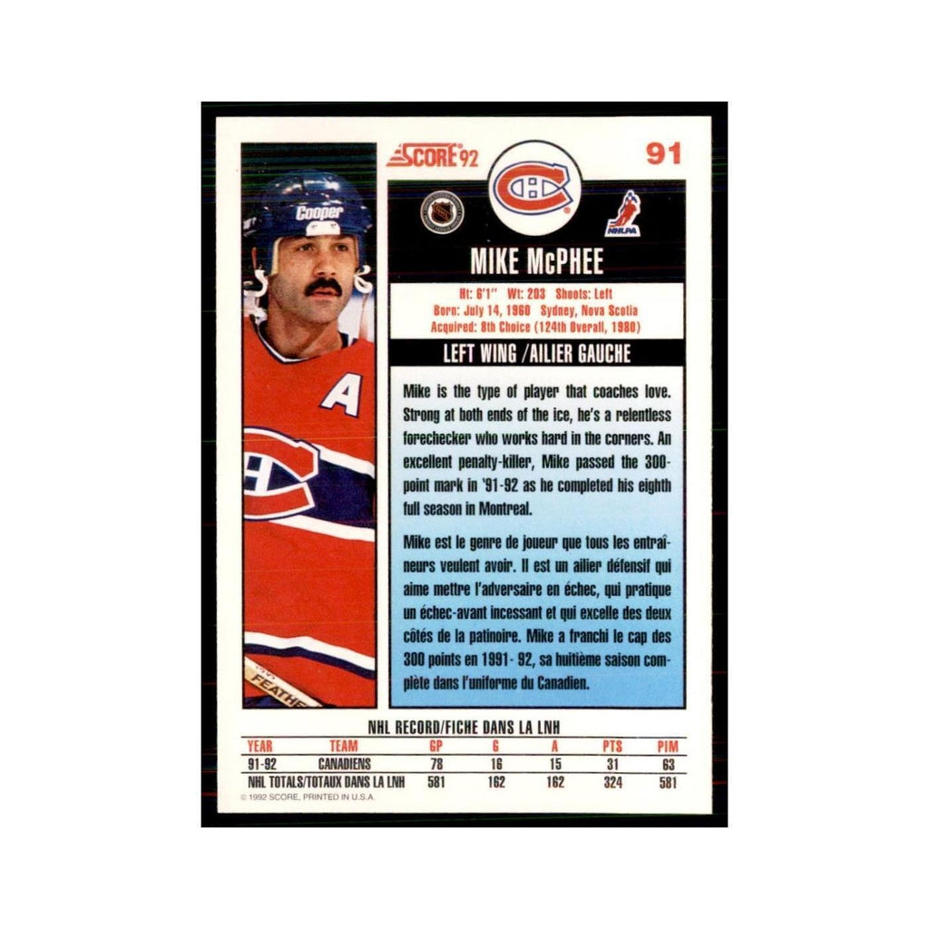 1992 Score Canadian Mike McPhee Montreal Canadiens #91