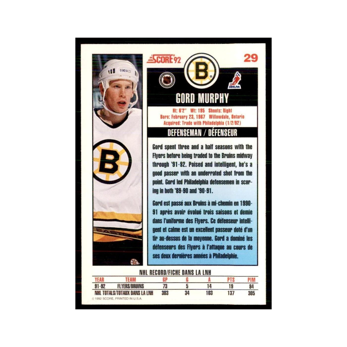 1992 Score Canadian Gord Murphy Boston Bruins #29