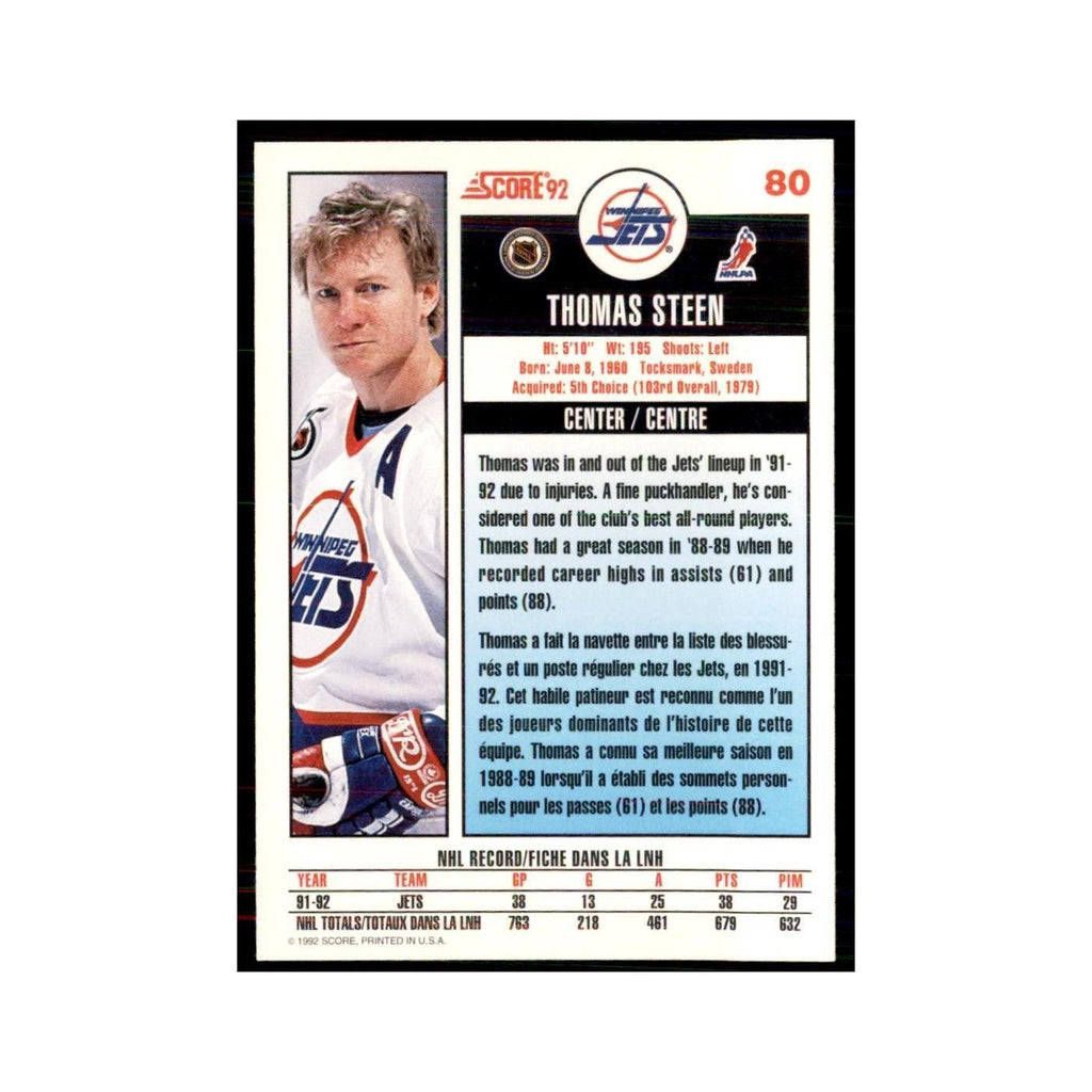 1992 Score Canadian Thomas Steen Winnipeg Jets #80