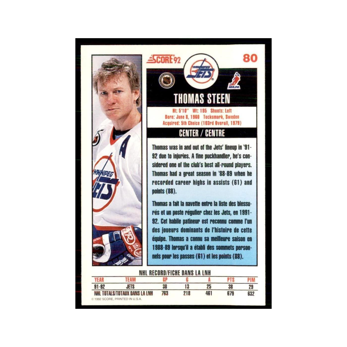 1992 Score Canadian Thomas Steen Winnipeg Jets #80