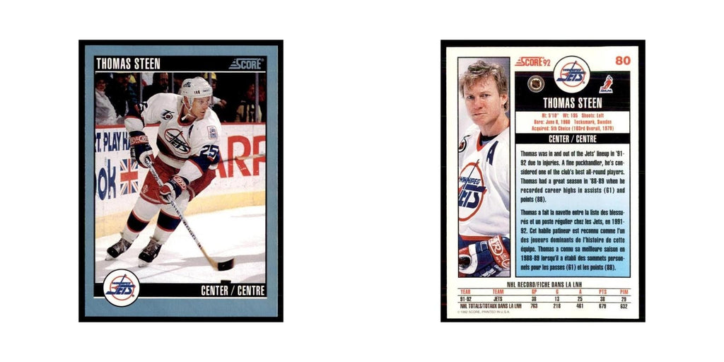 1992 Score Canadian Thomas Steen Winnipeg Jets #80