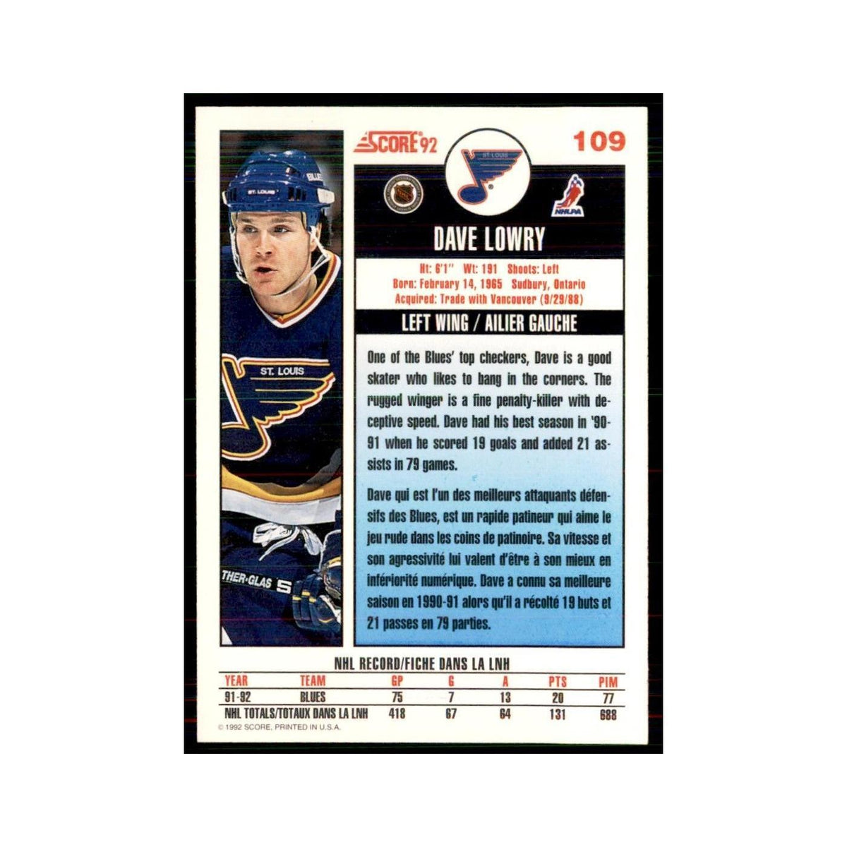 1992 Score Canadian Dave Lowry St. Louis Blues #109