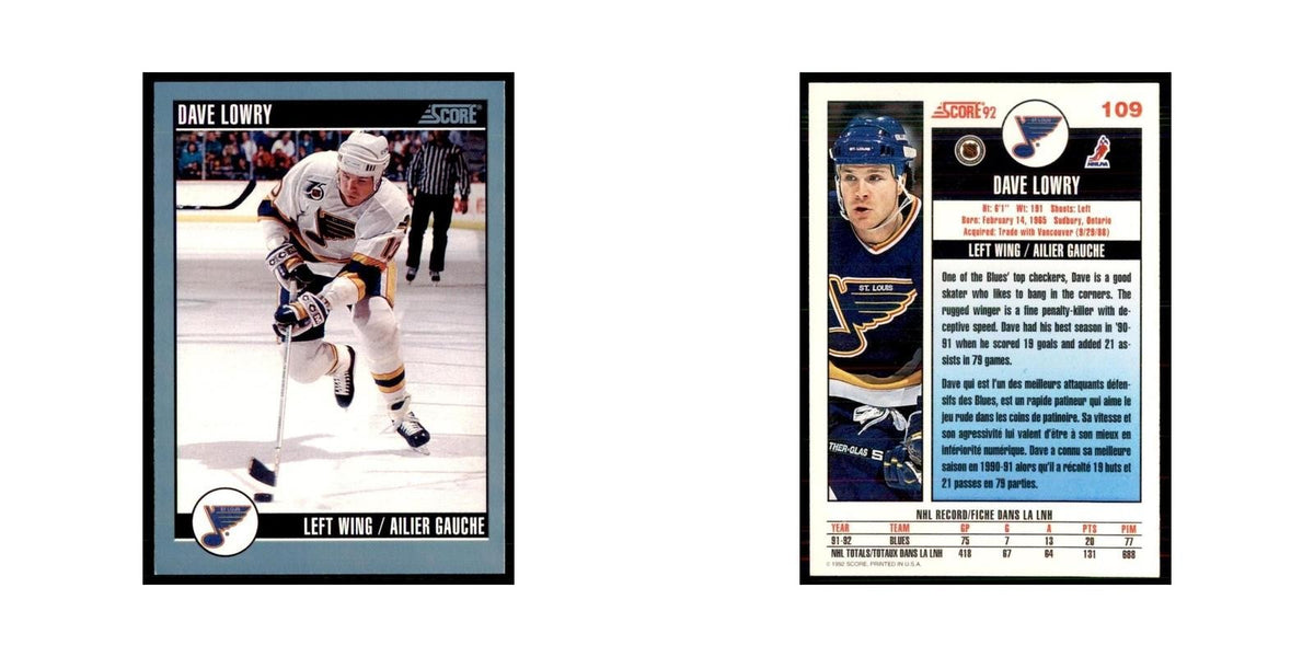 1992 Score Canadian Dave Lowry St. Louis Blues #109
