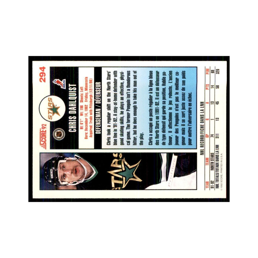 1992 Score Canadian Chris Dahlquist Minnesota North Stars #294