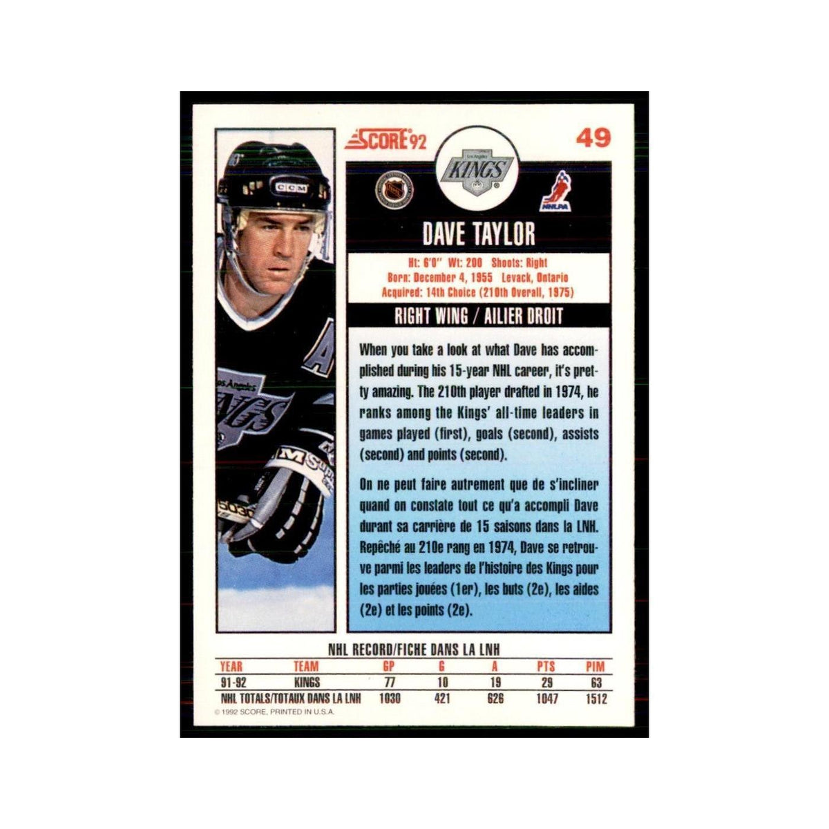 1992 Score Canadian Dave Taylor Los Angeles Kings #49