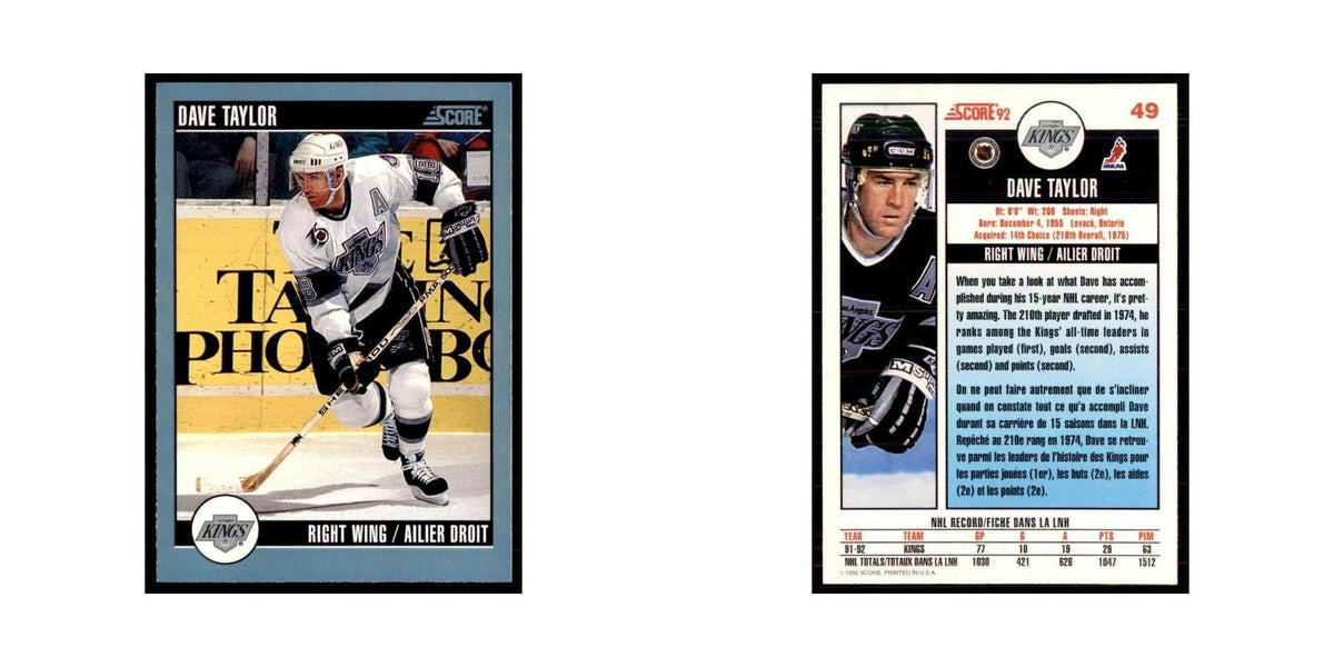 1992 Score Canadian Dave Taylor Los Angeles Kings #49