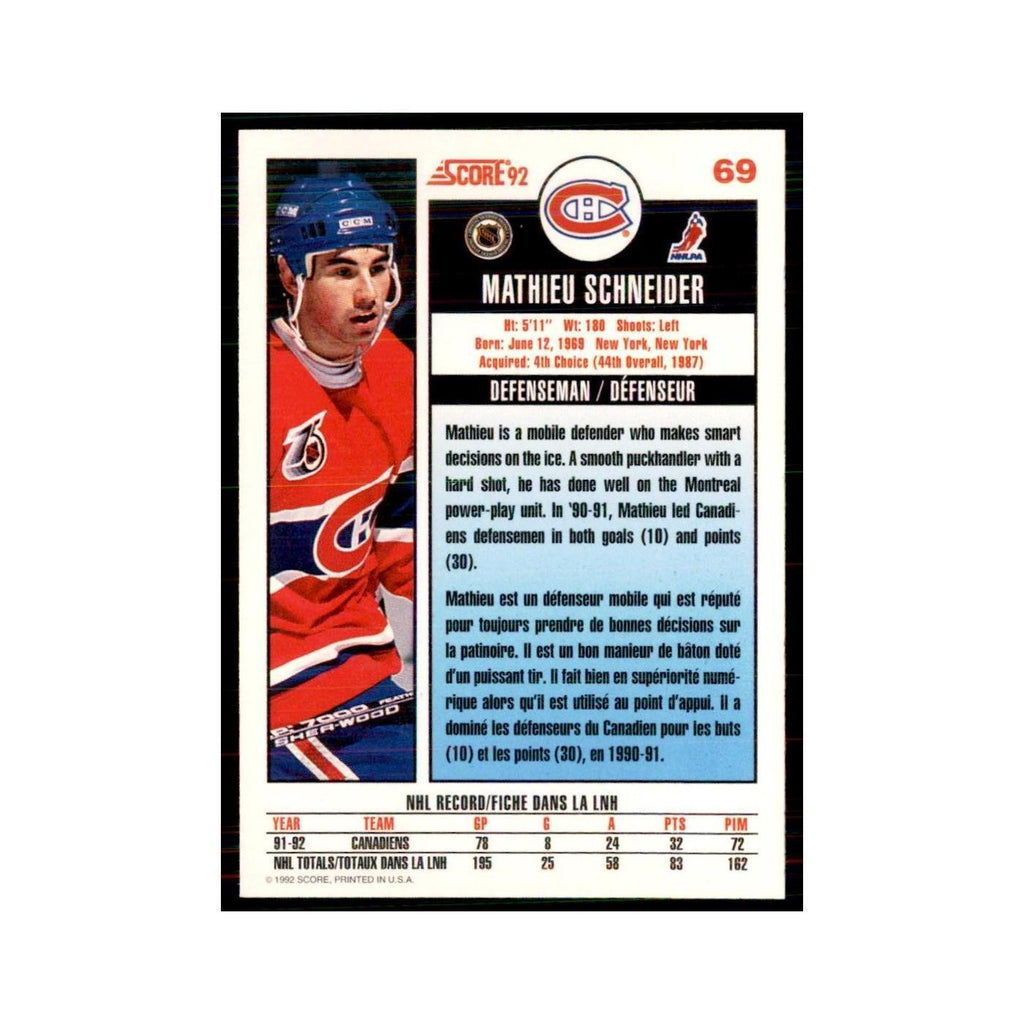 1992 Score Canadian Mathieu Schneider Montreal Canadiens #69