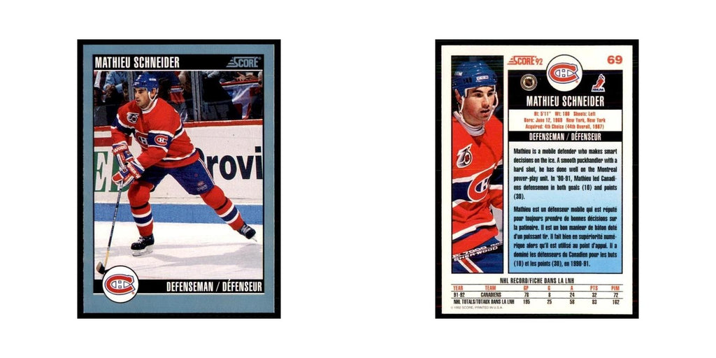 1992 Score Canadian Mathieu Schneider Montreal Canadiens #69