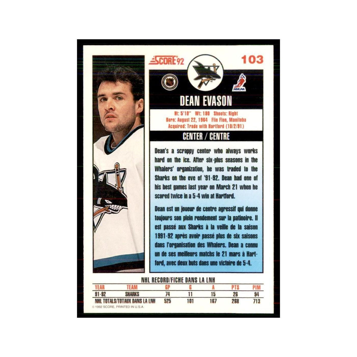 1992 Score Canadian Dean Evason San Jose Sharks #103