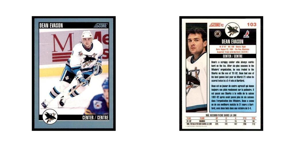 1992 Score Canadian Dean Evason San Jose Sharks #103