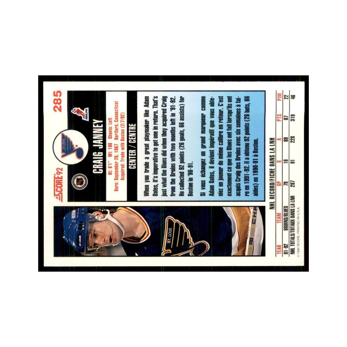 1992 Score Canadian Craig Janney St. Louis Blues #285