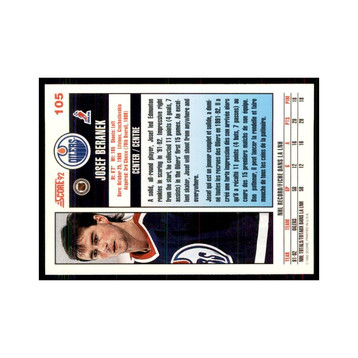 1992 Score Canadian Josef Beranek Edmonton Oilers #105