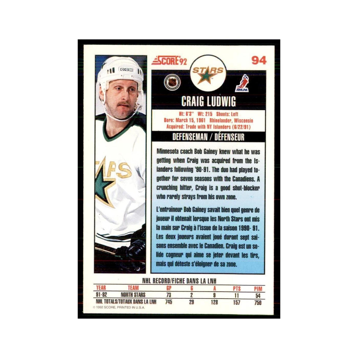 1992 Score Canadian Craig Ludwig Minnesota North Stars #94
