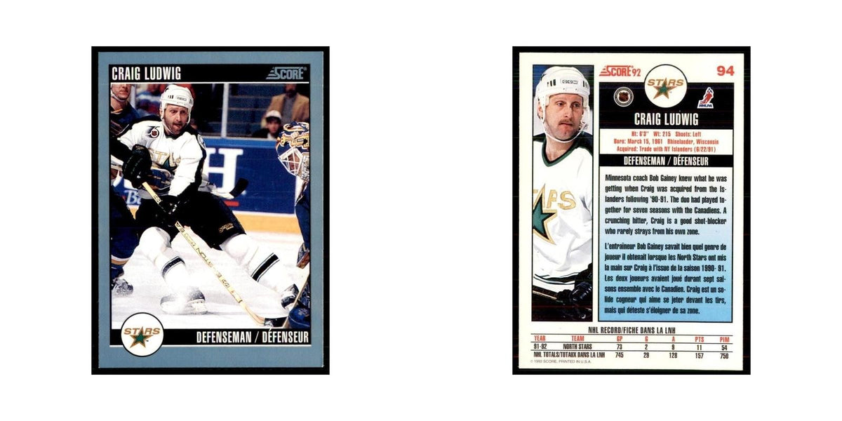 1992 Score Canadian Craig Ludwig Minnesota North Stars #94
