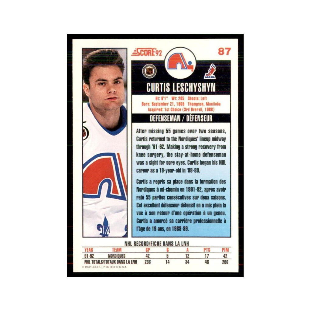 1992 Score Canadian Curtis Leschyshyn Quebec Nordiques #87