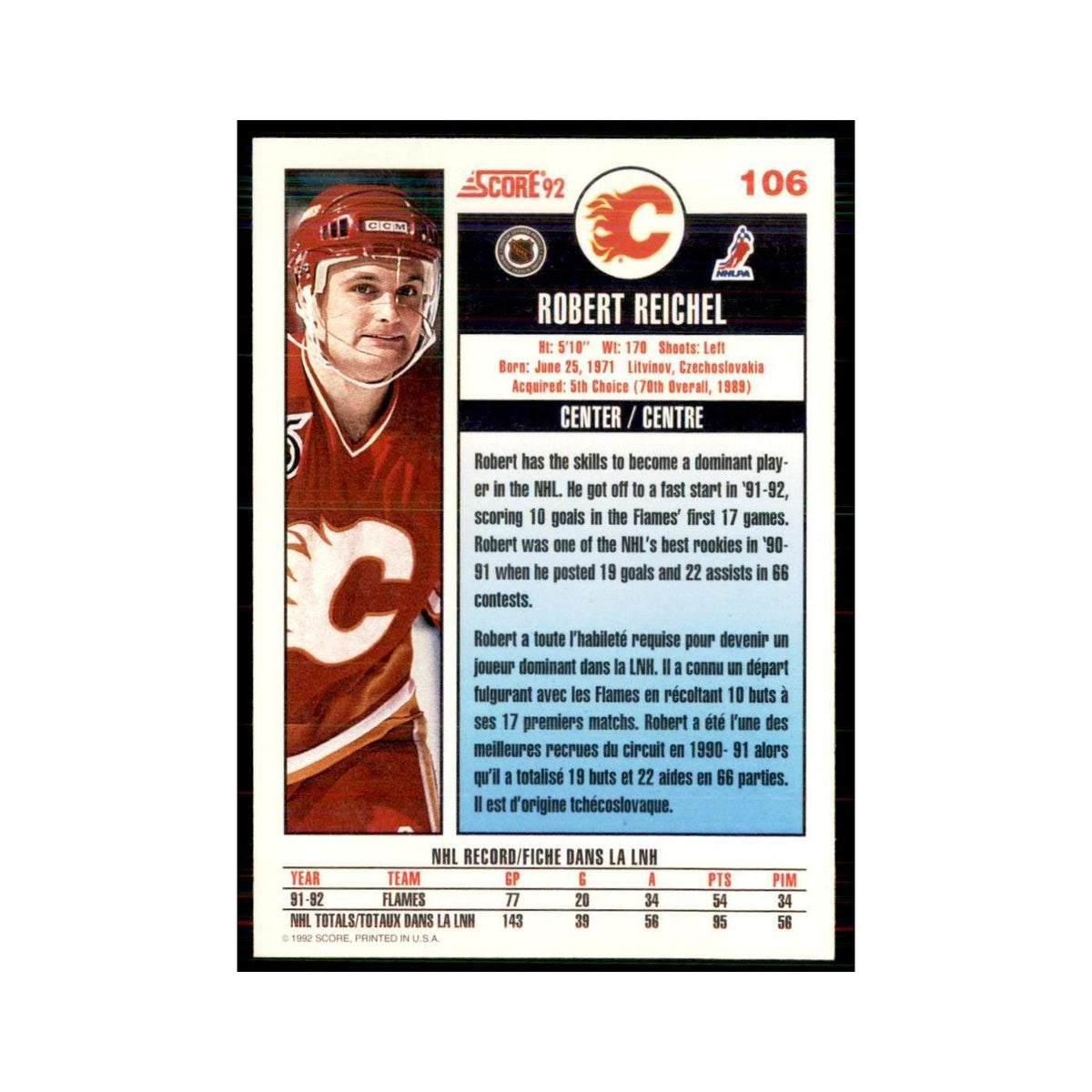 1992 Score Canadian Robert Reichel Calgary Flames #106