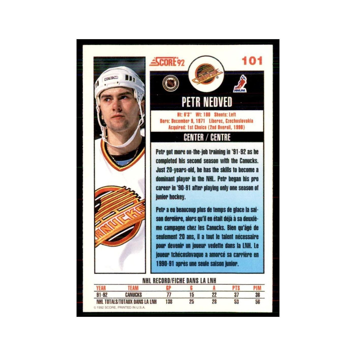 1992 Score Canadian Petr Nedved Vancouver Canucks #101