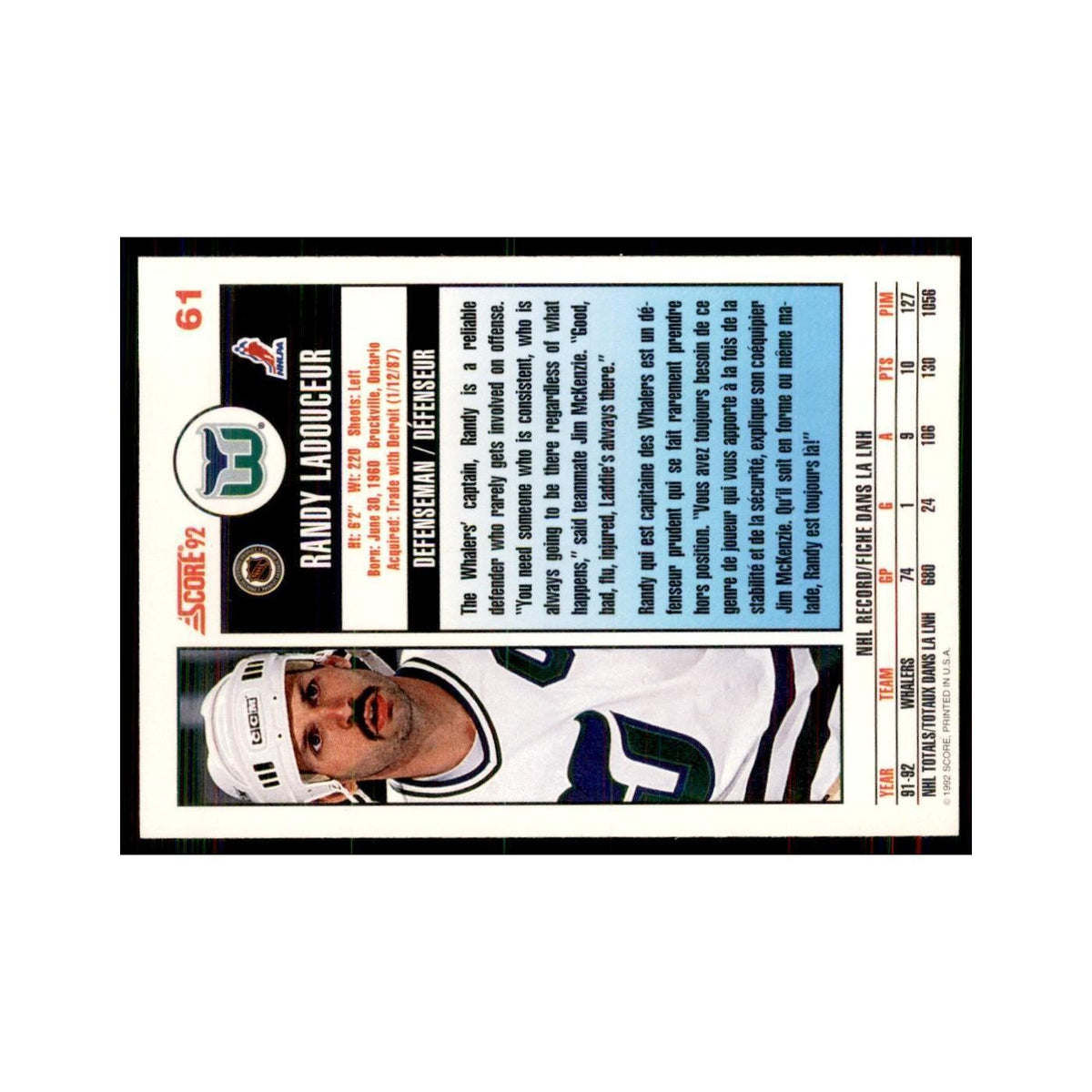 1992 Score Canadian Randy Ladouceur Hartford Whalers #61