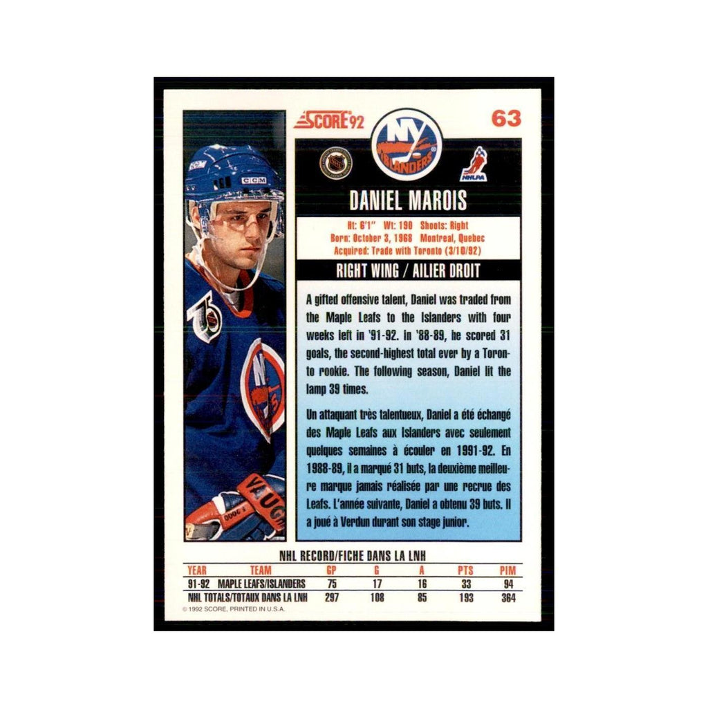 1992 Score Canadian Daniel Marois New York Islanders #63