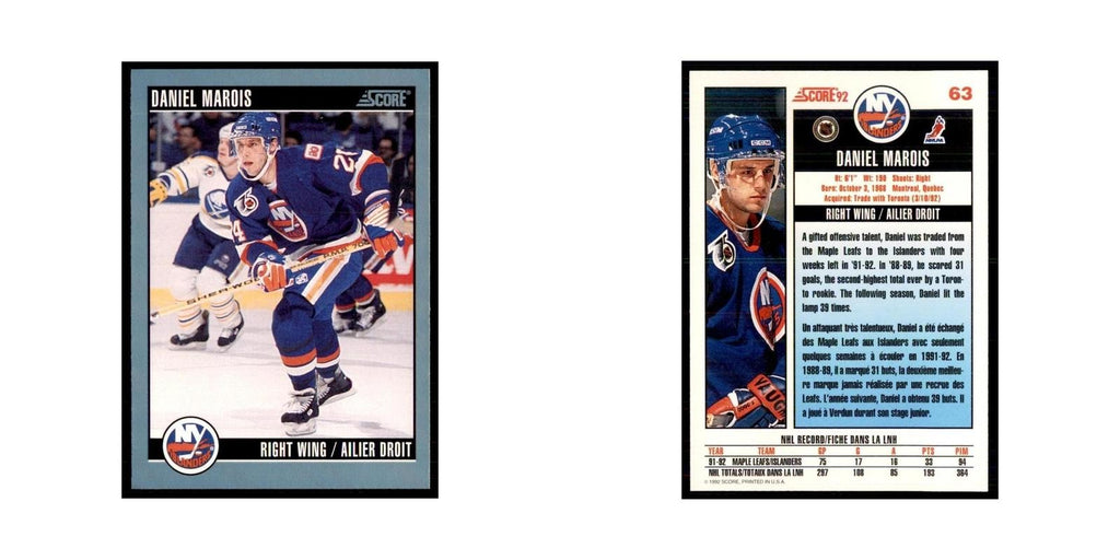1992 Score Canadian Daniel Marois New York Islanders #63