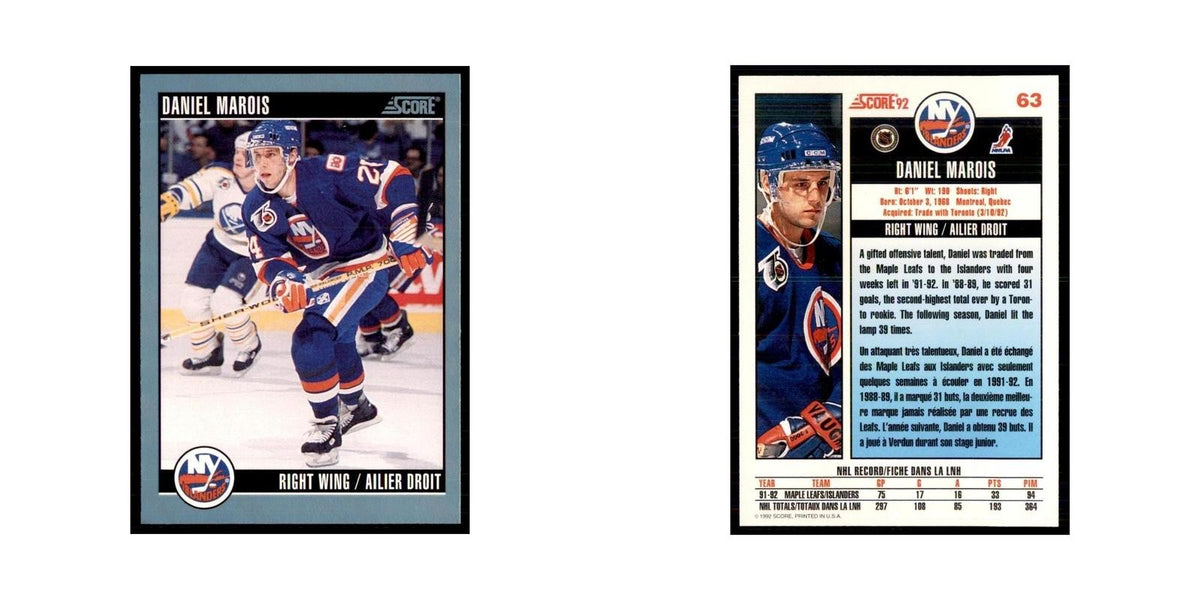 1992 Score Canadian Daniel Marois New York Islanders #63