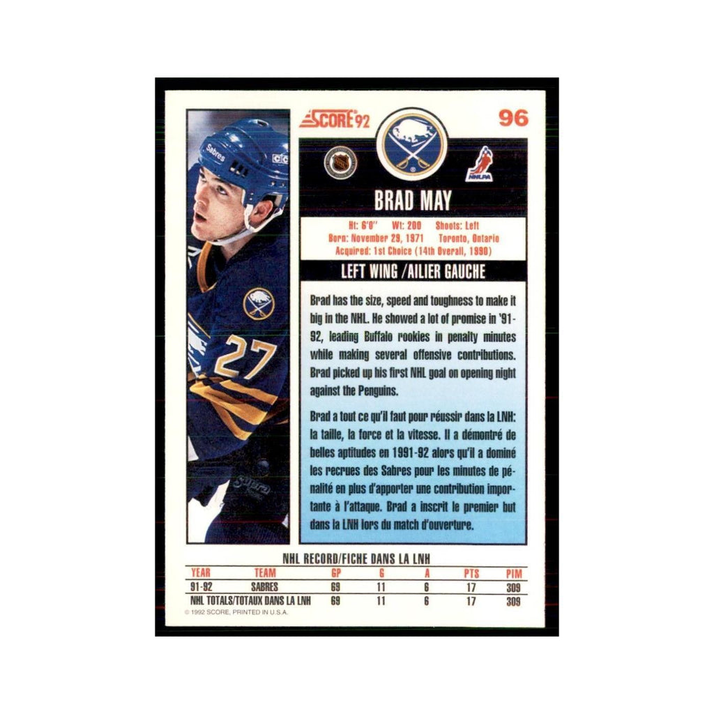 1992 Score Canadian Brad May Buffalo Sabres #96