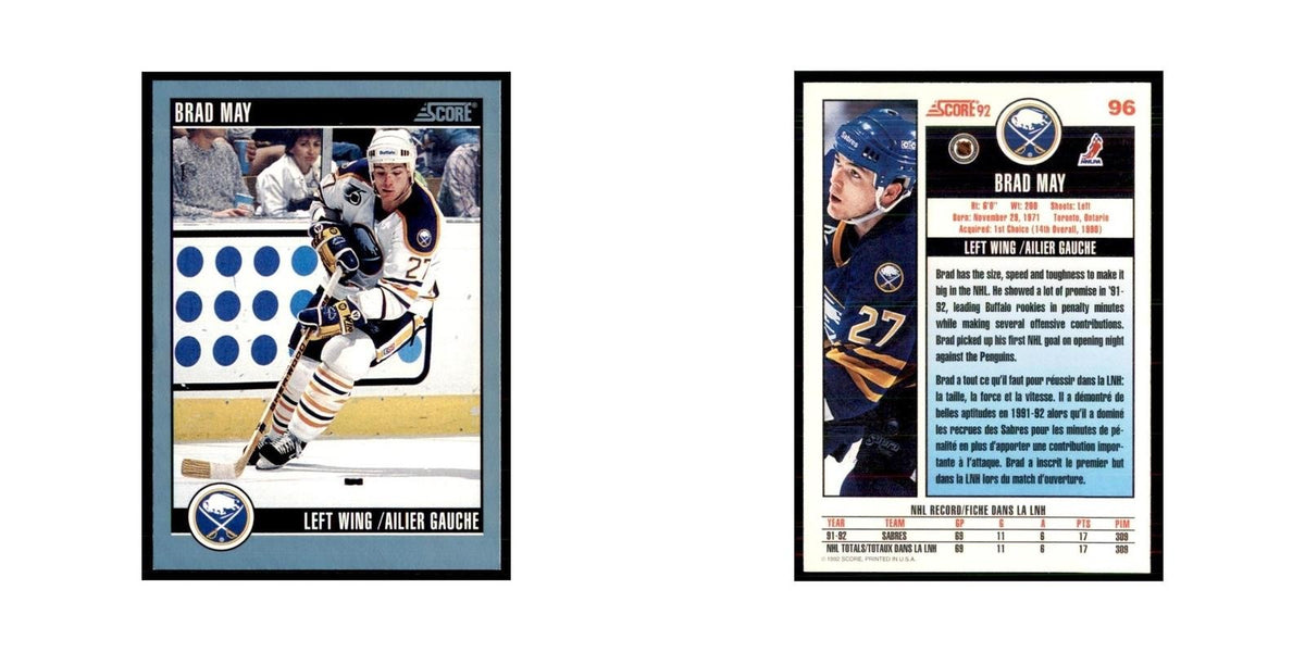 1992 Score Canadian Brad May Buffalo Sabres #96