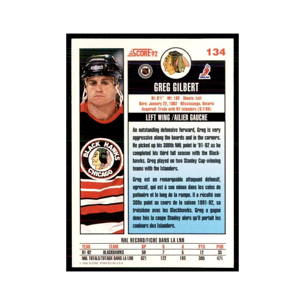 1992 Score Canadian Greg Gilbert Chicago Blackhawks #134