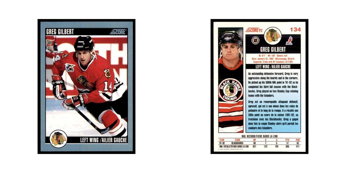 1992 Score Canadian Greg Gilbert Chicago Blackhawks #134