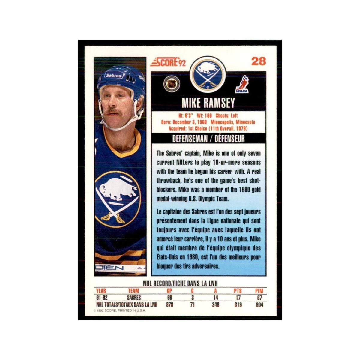 1992 Score Canadian Mike Ramsey Buffalo Sabres #28