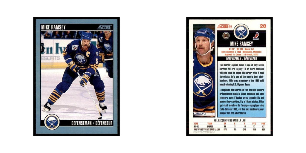 1992 Score Canadian Mike Ramsey Buffalo Sabres #28