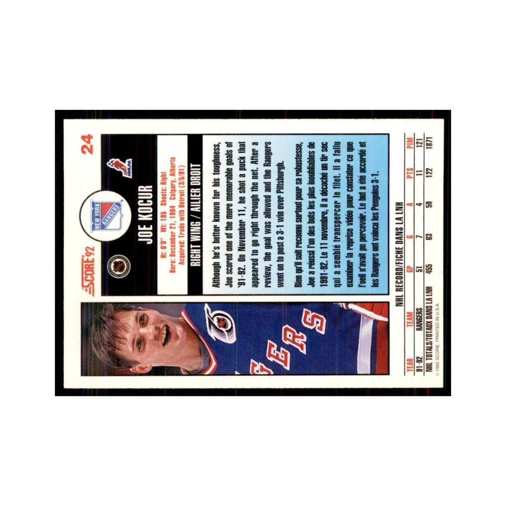 1992 Score Canadian Joey Kocur New York Rangers #24