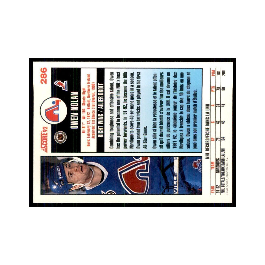 1992 Score Canadian Owen Nolan Quebec Nordiques #286