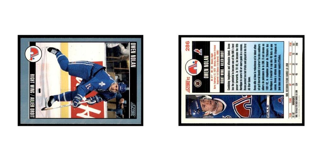 1992 Score Canadian Owen Nolan Quebec Nordiques #286