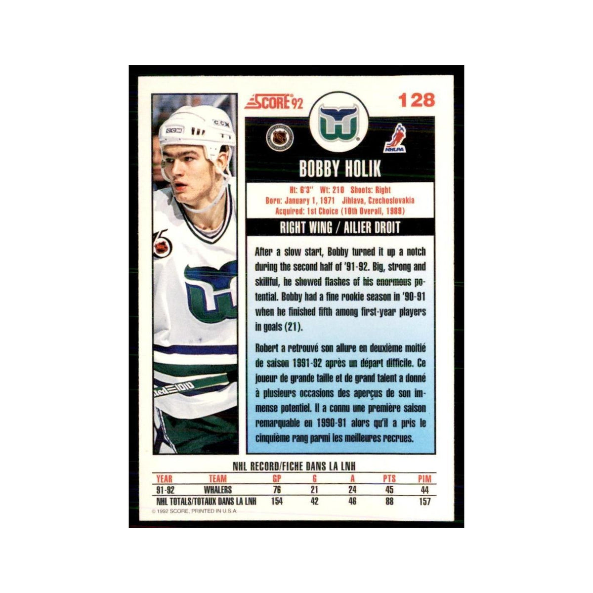 1992 Score Canadian Bobby Holik Hartford Whalers #128