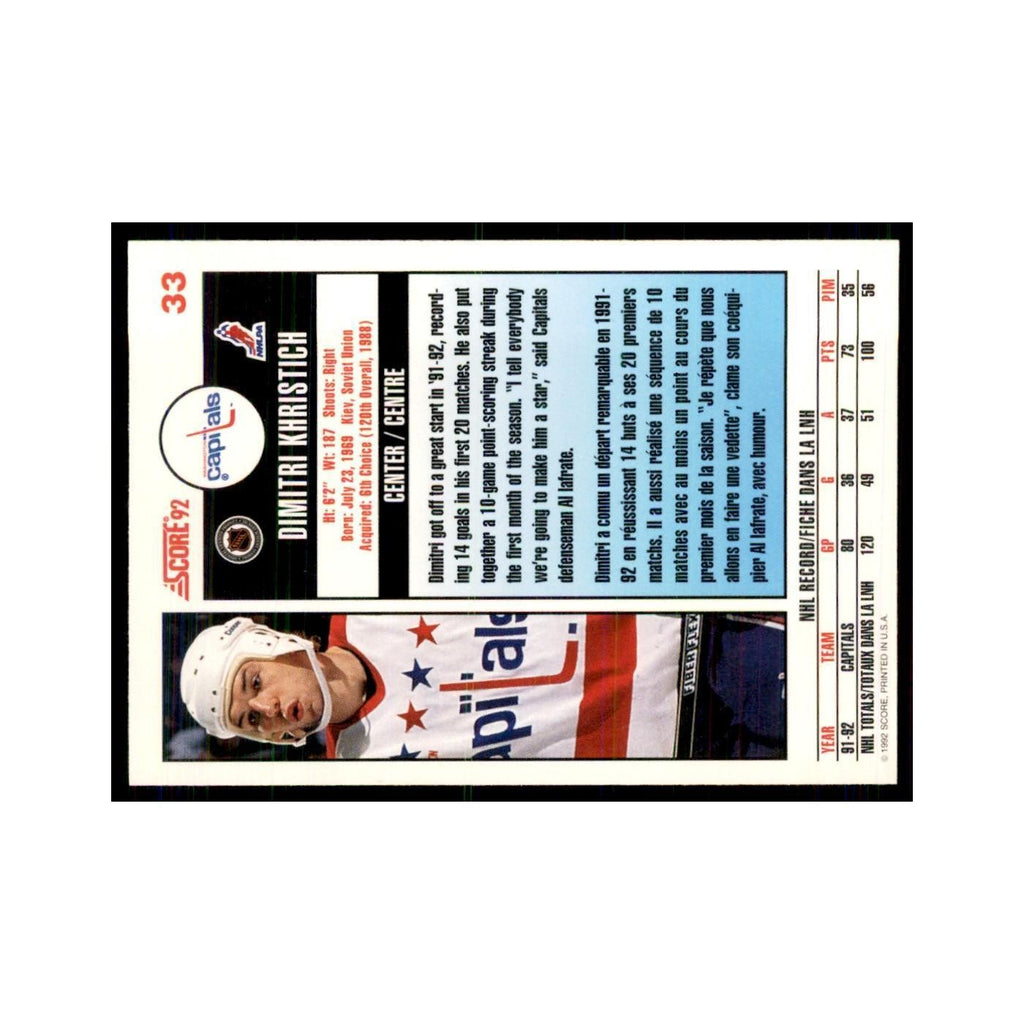 1992 Score Canadian Dmitri Khristich Washington Capitals #33