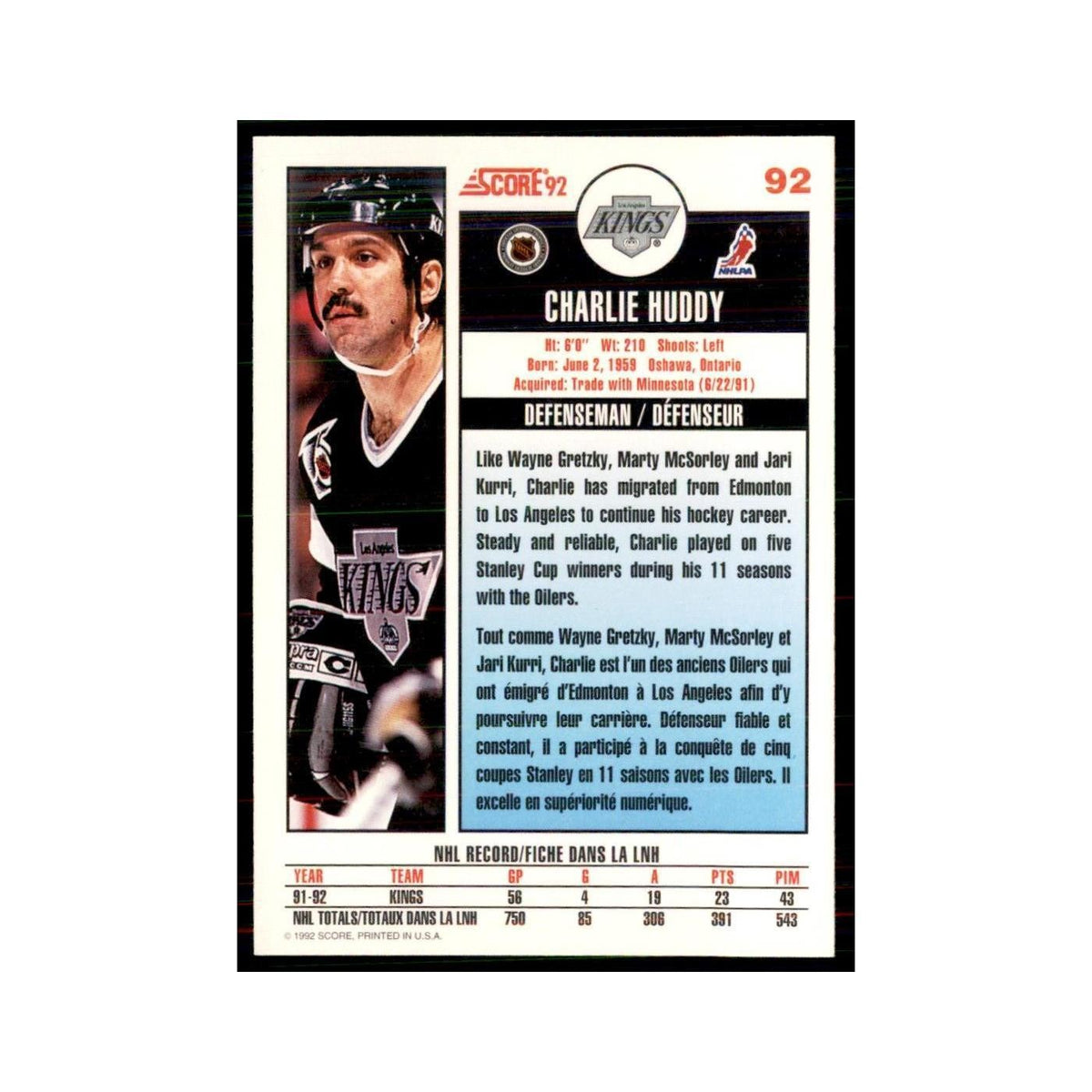 1992 Score Canadian Charlie Huddy Los Angeles Kings #92